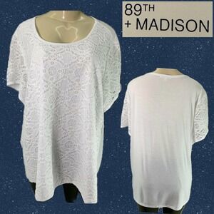 89th + Madison Women's 3X White Lace Lined Front Short Sleeve Scoop Neckline Top